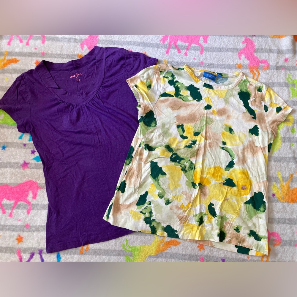 🟣Lot of 2 Cotton Short Sleeve Tees, Vera Wang and Mix&Co, size Large